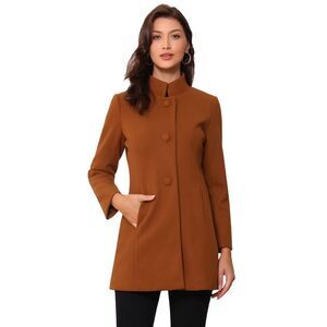 Winter Overcoat Mid-thigh Stand Collar Single Breasted Long Coat Brown Red